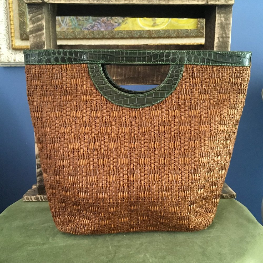 Straw Handbag with Green Leather Trim by Tanner